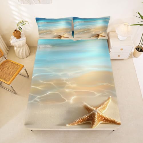 Image of jejeloiu Beach Scenery Bed Sheets Set Full Size Ocean Bed Set Coastal Nautical Deep Pocket Fitted Sheet Starfish Seashell Conch Breathable Soft Lightweight Microfiber