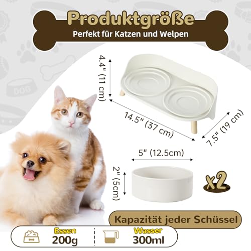 Hundenapf Set Erhöht Hunde Napfset - Doppel Fressnapf Hund Keramik mit Spritzschutz Ständer - Hundenäpfe 2er Set für Futter und Wasser - Futterstation für Kleine Hunde und Katzen - 2 x 300 ml - Weiß