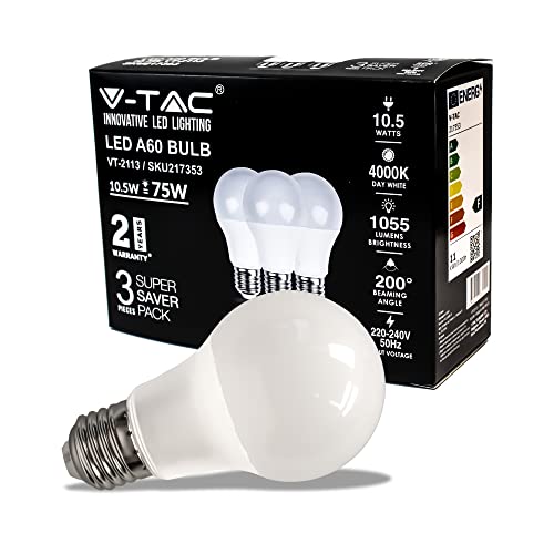 V-TAC Ampoule LED culot E27 10,5W (équivalent 75W) A60-1055 Lumen - 4000K Blanc Neutre - Ouverture du faisceau lumineux 200° - Efficacité Maximale et Économie d'Énergie - (Boîte de 3 pièces)