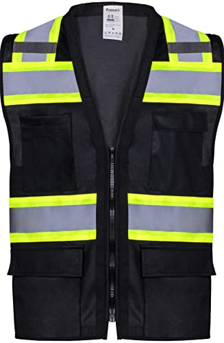 ProtectX Hi-Visibility all solid Safety Vest with 6 Pockets Lightweight Zip Closure Reflective Tape Premium Fluorescent Fabric ANSI/ISEA Certified Black X LARGE