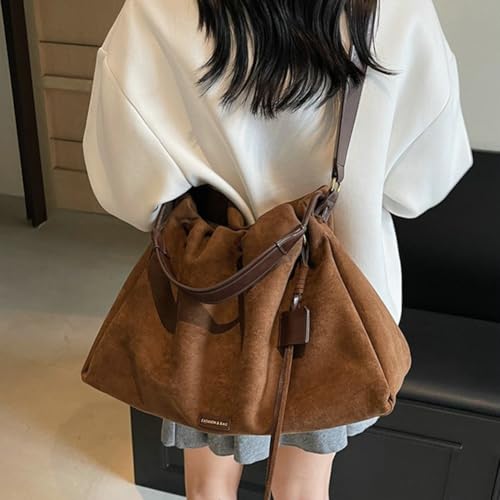 Women's Retro Suede Bag Drawstring Crossbody Purse Faux Suede Shoulder Handbag Bucket Hobo Bag Fall Winter Satchel Tote Purse4
