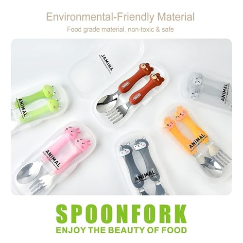 Image of Bekner Kids Cutlery Set, Stainless Steel Spoon and Fork with Animal Design Handles, 14.7 cm, Multicolor, Pack of 2 (Grey)