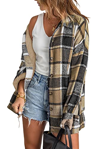 Shewin Women's Flannel Shirts Winter Long Sleeve Plaid Lapel Casual Button Up Sherpa Shacket Warm Fleece Lined Jacket Coats,Us 8-10(M),Yellow #TOP20