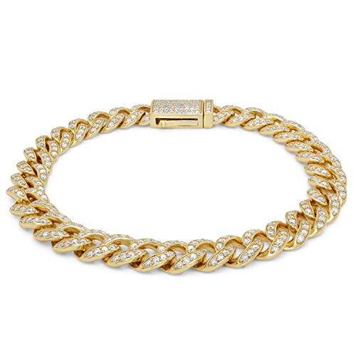 SAVEARTH DIAMONDS - Husband Birthday Gift Ideas, Bracelets for Men, 14k Gold Over Sterling Silver 3.50-4.00 Ct Round Cut Lab Created Moissanite Diamond, 8MM Width Cuban Chain Bracelet, VVS1 Clarity