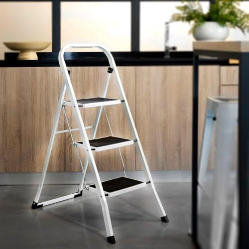 Miniatura 6 de Lolahome Escalera Varios Peldaños,Plegable Antideslizante,Asa Superior,Sistema De Seguridad,Peldaños Y Tapas Antideslizantes,Capacidad 150 Kg,Blanca O Negra De Acero Blanco, 3 Peldaños - 105 Cm