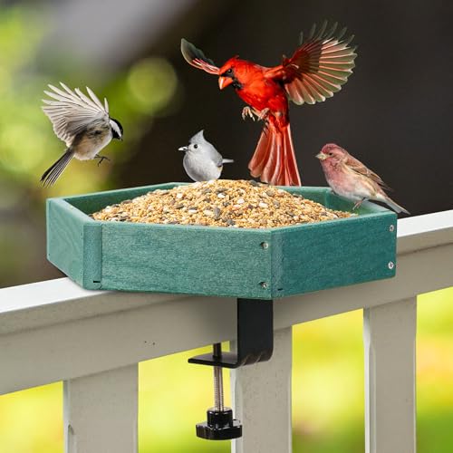 Kingsyard Clamp-On Deck Bird Feeder 11in Hexagon, Adjustable Balcony Railing Clamp 2.2in No-Drill, Recycled Plastic Seed Tray Metal Mesh Drainage Easy-Clean 3 lb,Green