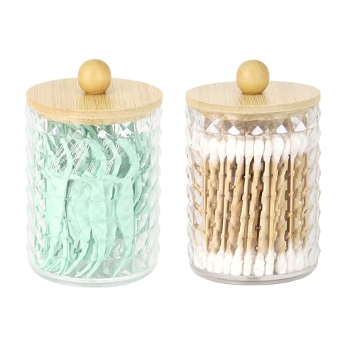 DAPOWER Qtip Halter Badezimmer-Aufbewahrungsbehälter für Wattebällchen, Wattestäbchen, Zahnseide, kleine Kunststoffgläser mit Deckel (transparenter Deckel aus Bambus, 2 Stück) DAPOWER Qtip Halter Badezimmer-Aufbewahrungsbehälter für Wattebällchen, Wattestäbchen, Zahnseide, kleine Kunststoffgläser mit Deckel (transparenter Deckel aus Bambus, 2 Stück)