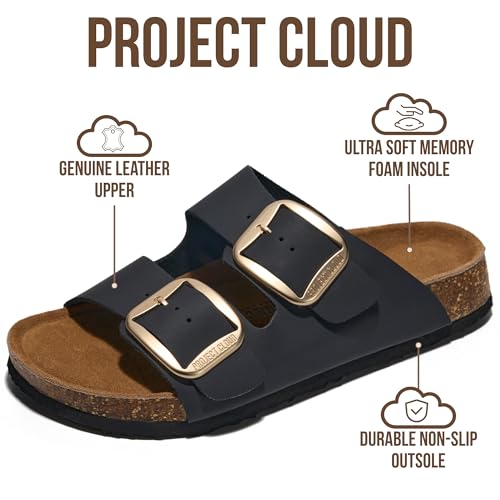 Image of Project Cloud 100% Genuine Leather Footbed Sandals for Women 2026 Comfortable Beach Essentials Womens Sandals Memory Foam Vacation Essentials Slides for Women Footwear (Santorini)