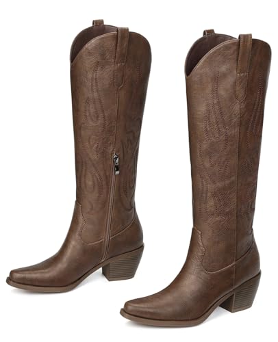 Image of Pasuot Western Cowboy Boots for Women - Knee High Wide Calf Cowgirl Boots, Slip On Pointed Toe Chunky Heel Fashion Retro Classic Pull On Tall Boot for ladies Party concert