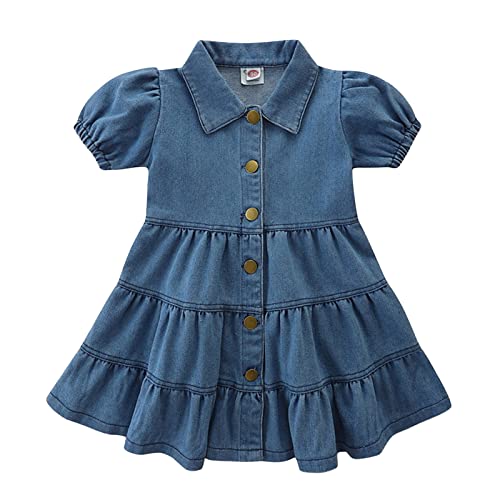 Girl Frocks Toddler Girls Summer Short Sleeve Turndown Neck Frilly Denim Dress Princess Skirt Long Light Dress Girls