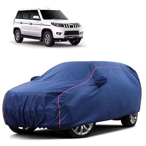 Image of Sulfar 100% Water Resistant Car Body Cover Compatible with Mirror for Mahindra Bolero Neo Plus (Triple Stitched, Full Bottom Elastic, Blue Tafetta with Red Piping)