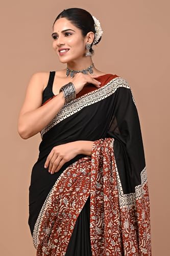 Image of Crafts Moda Pure Cotton Floral Print Saree with Blouse for Women