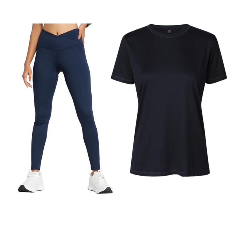 Blue Crossover Leggings & Black T-Shirt Set for Women - Performance Activewear, Gym Wear, Yoga Outfit, Fitness Training, Workout Set, Athleisure Apparel-image-46