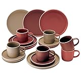 Van Well Liz 18tlg. Kaffeeservice I 6 Personen I Sand Terracotta Dunkelrot I Rund I Geschirr-Set aus Steingut I Je 6X Kaffeetasse 200ml, Untertasse & Kuchenteller I Steingut I Kaffee-Geschirr