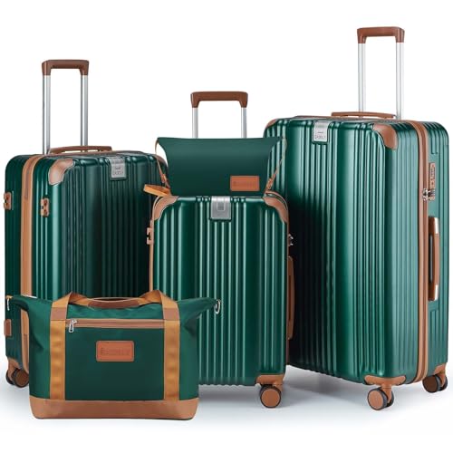 Image of Luggage Set 3 Piece Luggage with PC+ABS Hardshell TSA Lock Spinner Wheels Carry on Lightweight Suitcase Cup Holder，YKK Zippers and Hoot(Dark Green, 5 piece sets(20 /24 /28 /DB /TB))