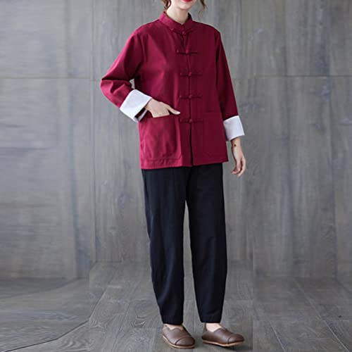 HHHH Women's Kung Fu Jacket Frog Button Mandarin Collar Loose Fit Blouse Chinese Tang Shirt Tai Chi Training Uniform (L, 60# Red)4