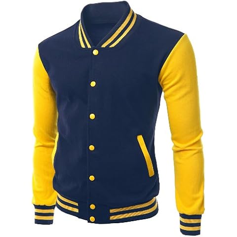 Stylish Color Contrast Long Sleeves Varsity Jacket Navy Yellow L Cover