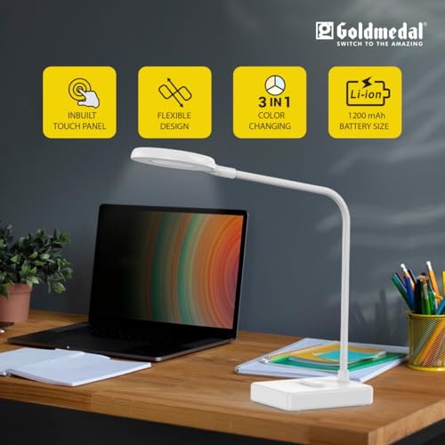 Image of Goldmedal Glow Desk 01 Portable Table Lamp with 3W LED Bulb|1200mAh Battery (Backup up to 3 to 4 Hrs) | Inbuilt Touch Panel | for Study Areas, Living Rooms, Office | 3 in 1 Color Changing (CNW)