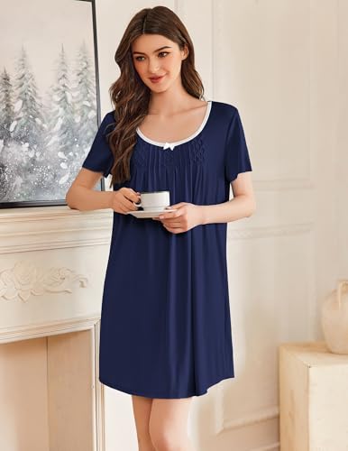 Image of Ekouaer Nightgowns for Women Pleated Night Shirts Short Sleeve Sleep Shirts Lace Trim Night Gown Ladies Soft Sleep Dress Navy Blue