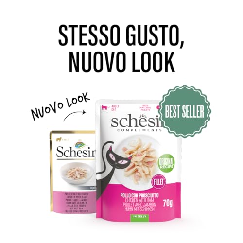 Schesir, Hähnchenfilets mit Schinken in Gelee, ergänzendes Nassfutter für Katzen, Originalrezept, 100% natürlich, 12 Beutel à 70 g