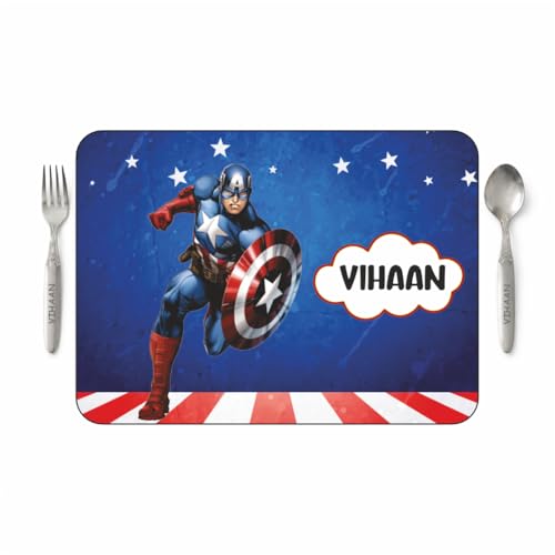 Image of Customized Table Mat with Name & Design Engraving | Personalized Dining Mat with Spoon & Fork | Customized Birthday Gift for Kids (Captain America)