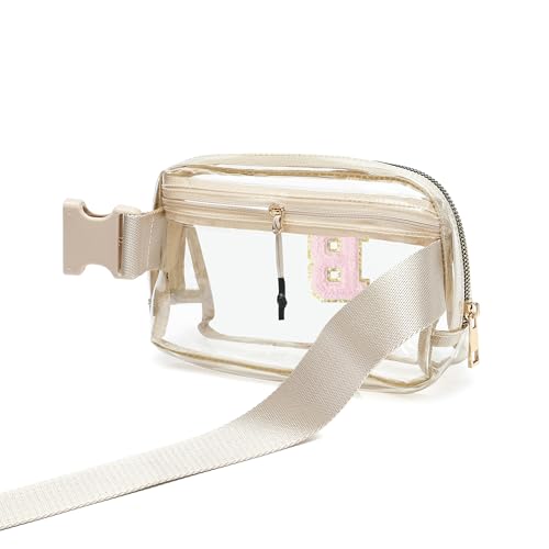 Image of FEIBOON Clear Belt Bag Initial Letter Patch Fanny Pack Stadium Approved for Women and Girl, Crossbody Bag Waist Bag for Concerts Sports Travelling Hiking Running (B)