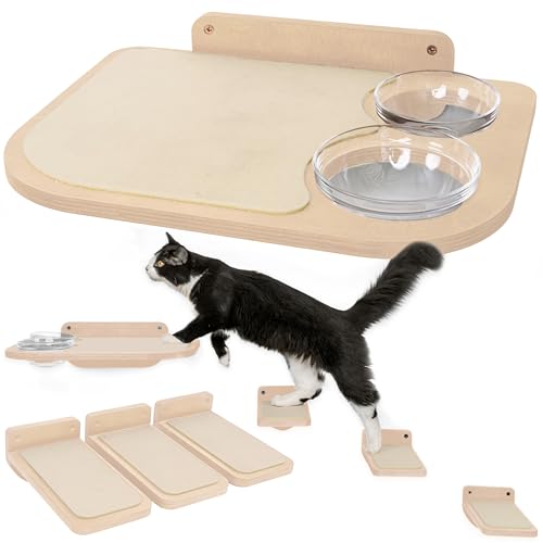 INICIO Cat Wall Shelves – Dog Proof Feeding Station with Wall Mounted Shelves, Durable 3 Step Birch Floating Shelf for Cats Up to 15lbs, Attached Cat Food Bowl for Convenient Feeding – Wood Brown