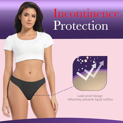 Image of Women's Incontinence Thong Panties Washable Light Absorbency Leak Proof Underwear Bladder Control 5 Pack (5 Black, 2XL)