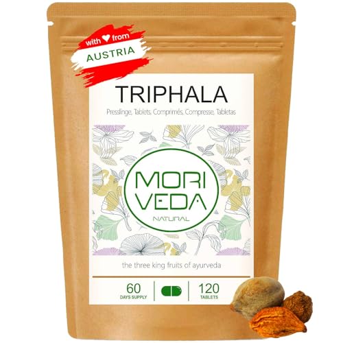 MoriVeda Triphala Presslinge 1000mg, Ayurvedische Dreifrucht-Mischung aus Amla, Haritaki & Bibhitak, pflanzliches Ergänzungsmittel vegan, 120 Tabletten