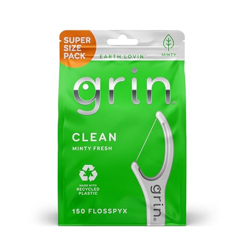GRIN Clean Flosspyx Floss Picks 150 Count Dental Flossers Minty Flavor Recycled Plastic Super Strong Fine Floss Tight Teeth Premium Longer Floss Head Includes Safe Fold-Back Tooth Pick