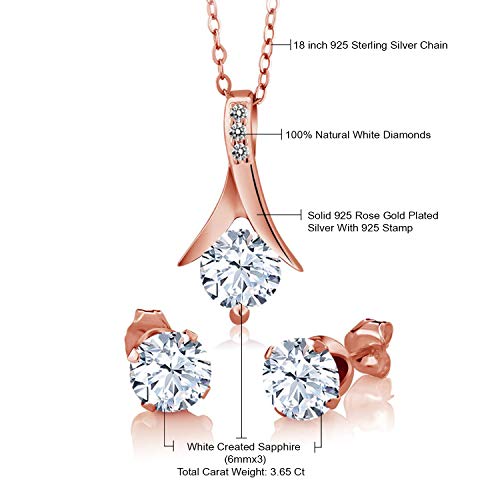 Gem Stone King 18K Rose Gold Plated Silver Created Sapphire And White Diamond Jewelry Set For Women (3.65 Cttw, With 18 Inch Chain) #TOP5