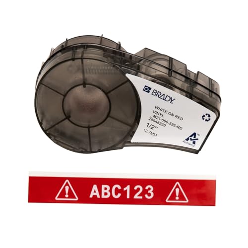 Brady Ruban d’étiquettes vinyles étiqueteuses M211 et M210 - Étiquettes vinyles adhésives - Blanc sur rouge (12.70mm x 6.40m) - M21-500-595-RD