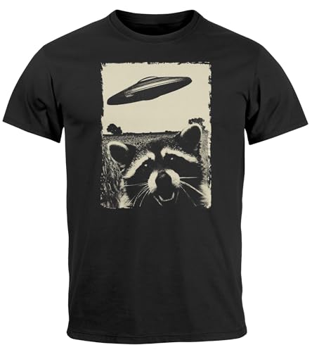 Neverless® Herren T-Shirt UFO Waschbär Aliens Fotodruck Printshirt Frontprint Fashion Streetstyle Fashion Streetstyle schwarz L