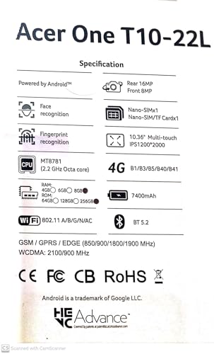 Image of Acer ONE T10-22L Tablet 8GB RAM 256GB ROM 10.36 INCHES ZT.T01SI.01G