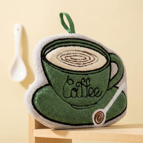 Image of House of Quirk Coffee Shaped Hanging Towels Set of 2 | Soft Coral Fleece Kitchen & Bathroom Towels | Super Absorbent & Quick-Dry Decorative Cloths (Green /Beige)