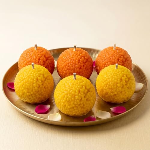 Image of Motichoor Ladoo Scented Candles with Sandalwood Fragrance, Scented Decorative Smokeless Wax Diyas for Diwali, Ganesh Chaturthi, Pooja Decor & Festive Gifting (Pack of 6)