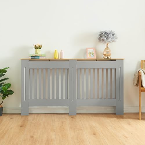 Image of Panana Radiator Cover, Traditional Grill Design MDF Wood Cabinet Radiator Covers, Grey, Wood Top Shelf (L)