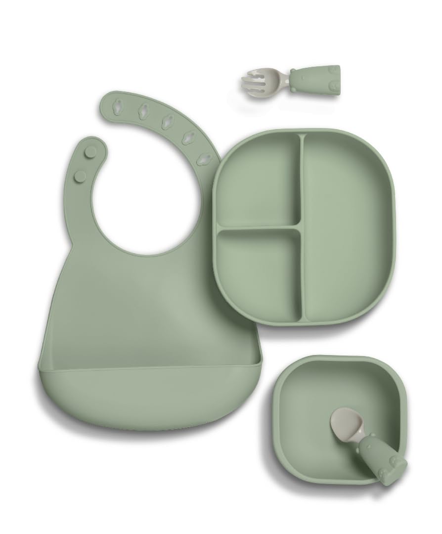 Mamas & Papas 4 piece Silicone Weaning Starter Kit, BPA - Free, Baby Plate and Bowl with Suction, Cutlery & Adjustable Bib for Ages 6-18 Months - Kiwi