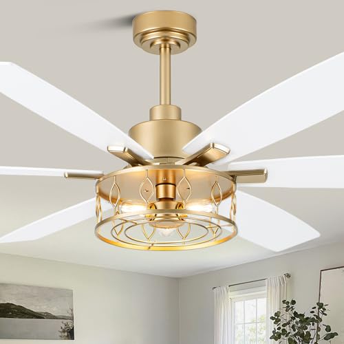 Image of White and Gold Ceiling Fan with Lights 60 inch Fandelier Ceiling Fan | Gold Caged Chandelier, Modern Fandeliers with Lights and Remote for Living Room Bedroom Covered Outdoor, Reversible 6 Speeds