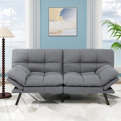 Image of MUUEGM Futon Sofa Bed, 71 inch Convertible Linen Memory Foam Couch Bed, Modern Backrests Armrests Love Seat for Living Room,Apartment,Office,Light Grey Sleeper Couch