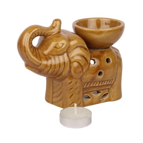 Image of Pure Source India Ceramic Elephant Shape Aroma Oil Burner - Decorative Tealight Diffuser for Home Fragrance, Essential Oils & Aromatherapy (Brown)