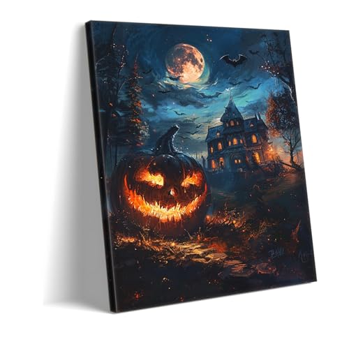 Maison Hantée Pleine Lune Déco Salon Tableau Citrouille Halloween 60x90 Grand Format