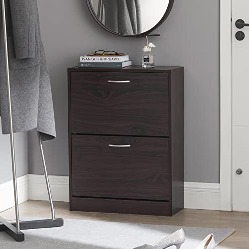 Haotian Fsr110-K-Br, Brown Shoe Cabinet With 2 Flip-Drawers, Freestanding Shoe Rack, Shoe Organiazer #TOP5