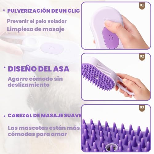Miniatura 3 de Dongtata Cepillo De Vapor 3 En 1 Para Gatos Y Perros, Cepillo De Aseo De Vapor, Peine De Depilación De Mascotas Para Masaje Y Aseo
