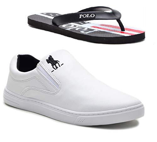 Tênis Slip On Casual Polo Plus Masculino Extra Macio + Chinelo Cor:Branco,Tamanho:43