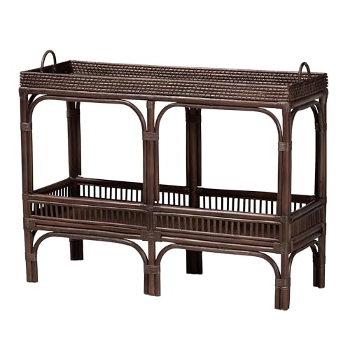 Bali & pari Lombok Natural Rattan Console Table - Handwoven Wicker 2-Tier Accent Table with Raised Tray Top for Living Room or Entryway Espresso
