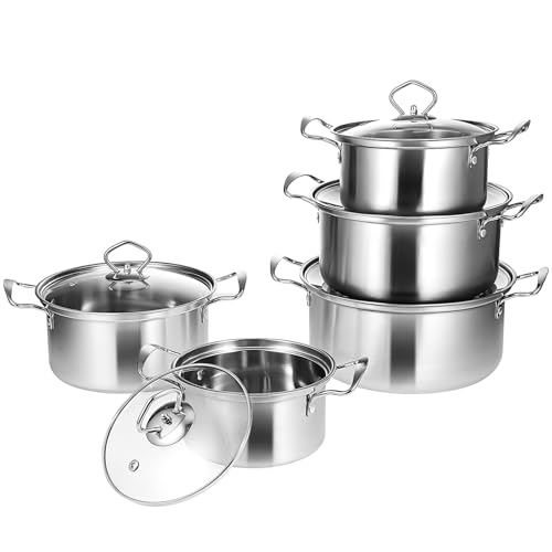 Zerodeko 5 Juegos de Olla de Acero Inoxidable, Set de Utensilios de Cocina, Ollas de Inducción con Tapas de Cristal, Plateado, 10PCS