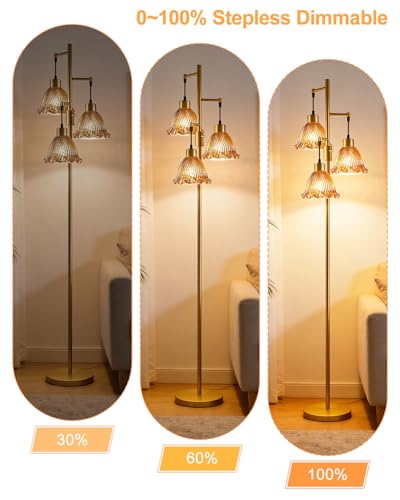 Image of Lightdot Glass Floor Lamps for Living Room, 3-Light Dimmable Floor Lamp with Amber Glass Shade& E12 Bulbs Included, Mid Century Standing Tall Lamp with 5Lbs Heavy Base for Bedroom /Sofa Beside-Gold