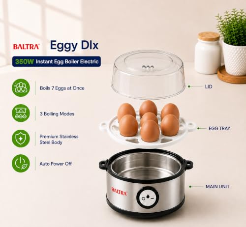 Image of BALTRA Eggy Dlx 350W Instant Egg Boiler Electric | Boils 7 Eggs at Once | 3 Boiling Modes | Stainless Steel Body with Poaching Tray & Heating Plate | Auto Power Off for Safe and Convenient Cooking