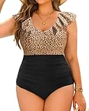 Daci Plus Size one Piece Swimsuits for Women Tummy Control Bathing Suits Ruffle Vintage Swimwear Leopard and Black 18W